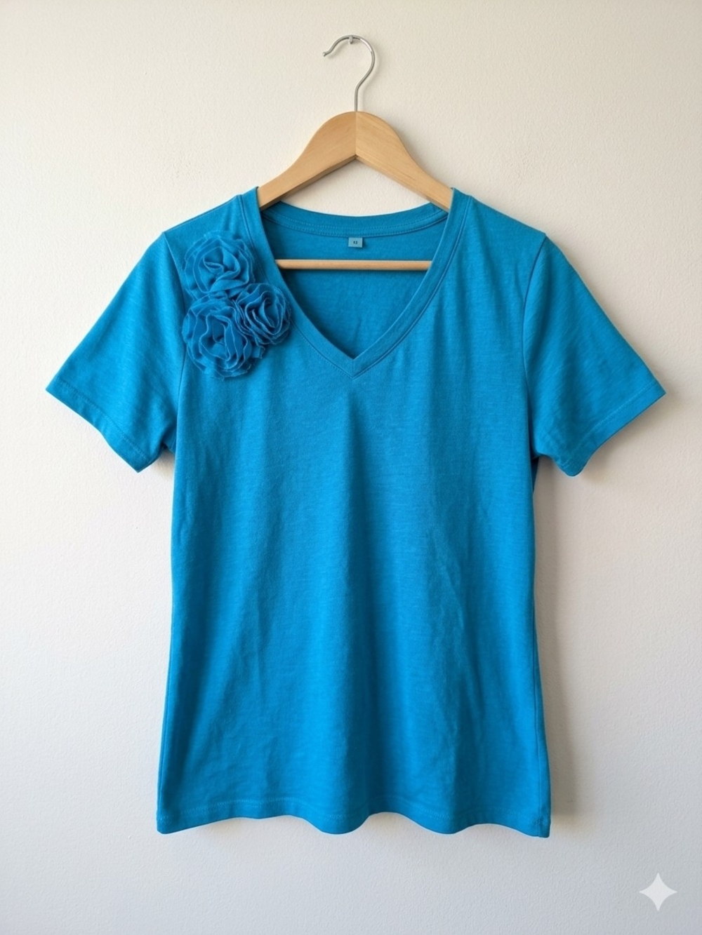 Lane Bryant Teal V-Neck Tee with Shoulder Rosettes